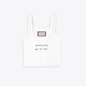 White CHNGE Graphic Cropped Tank Top “Women Don’t Owe You Shit”